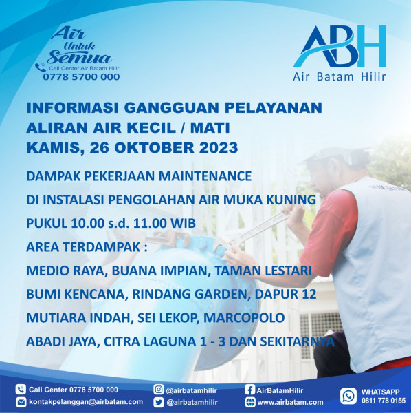 ABH Lakukan Maintenance di Instalasi Mukakuning, Ini Area Terdampak