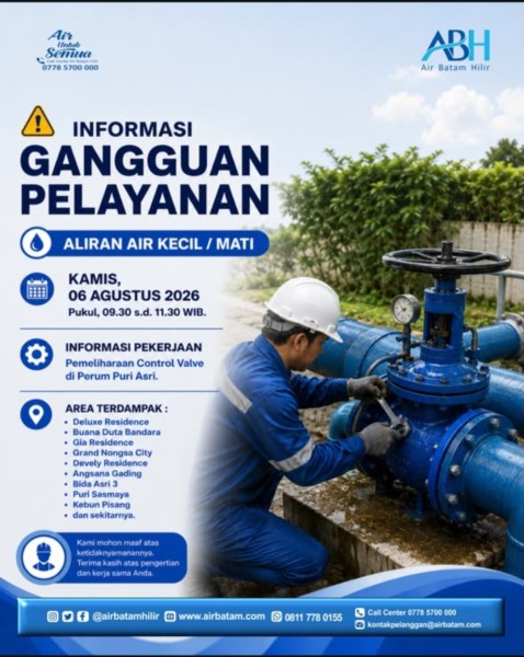 Air Batam Hilir Lakukan Pemeliharaan Jaringan di Puri Asri, Sejumlah Kawasan Alami Gangguan Suplai Air