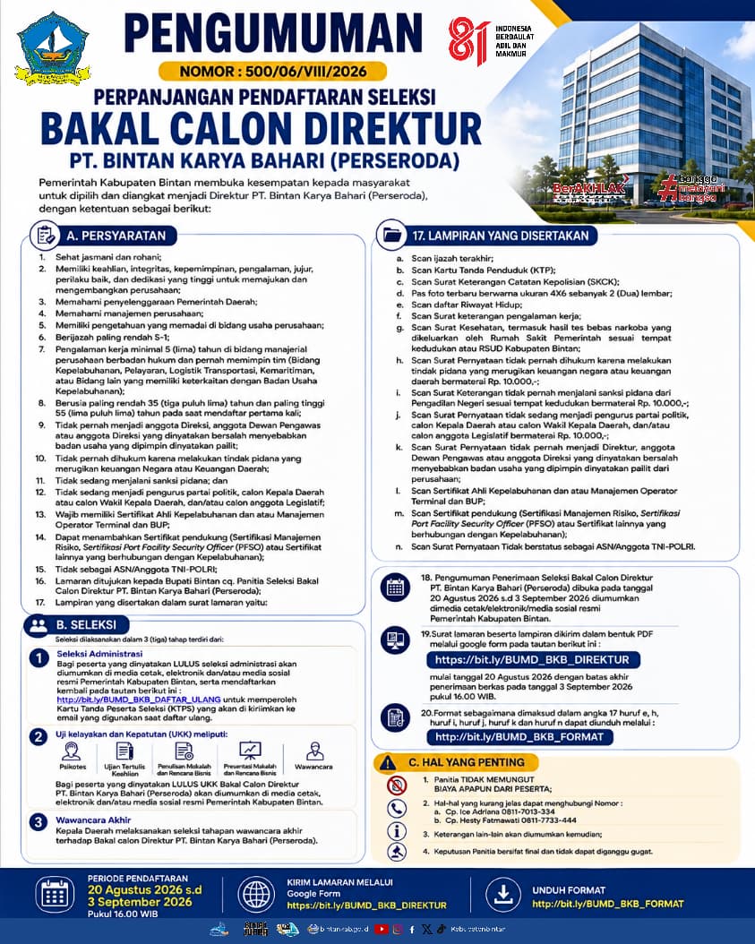 Seleksi Bakal Calon Komisaris dan Direktur BUMD PT Bintan Karya Bahari Diperpanjang hingga Awal September
