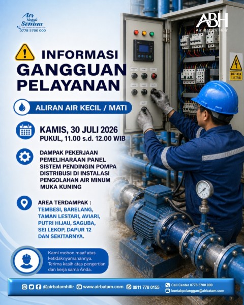Pemeliharaan IPAM Muka Kuning, Air Batam Hilir Informasikan Gangguan Suplai Air di Sejumlah Wilayah