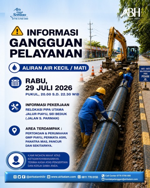 Relokasi Pipa, Suplai Air di Sejumlah Wilayah Piayu Terganggu Malam Ini