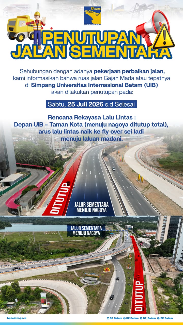 BP Batam Rekonstruksi Jalan Gajah Mada Mulai 25 Juli, Arus Lalu Lintas Dialihkan Bertahap