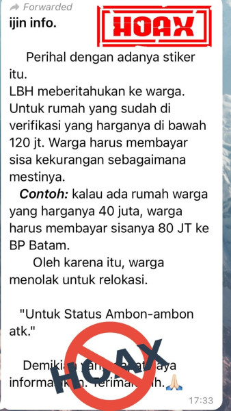 Info Bahwa BP Batam Minta Warga Rempang Bayar Selisih Harga Rumah, HOAKS