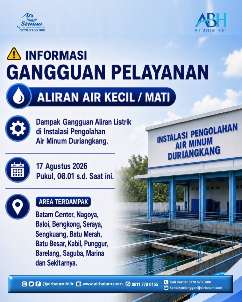 Gangguan Listrik di IPA Duriangkang, Sejumlah Wilayah Batam Berpotensi Alami Gangguan Suplai Air