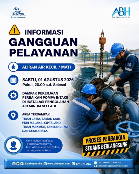 Perbaikan Pompa Intake IPA Sei Ladi, Distribusi Air di Sejumlah Wilayah Batam Terganggu