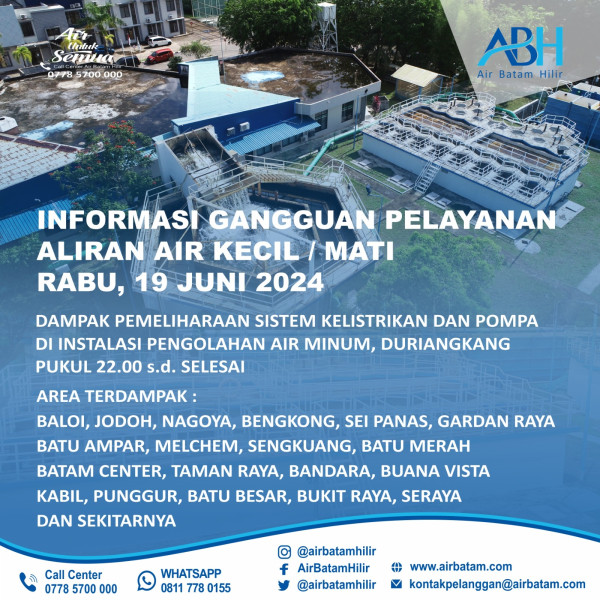 Air Batam Hilir Melakukan Pemeliharaan Sistem Kelistrikan, Berikut Jadwal Dan Area Yang Terdampak